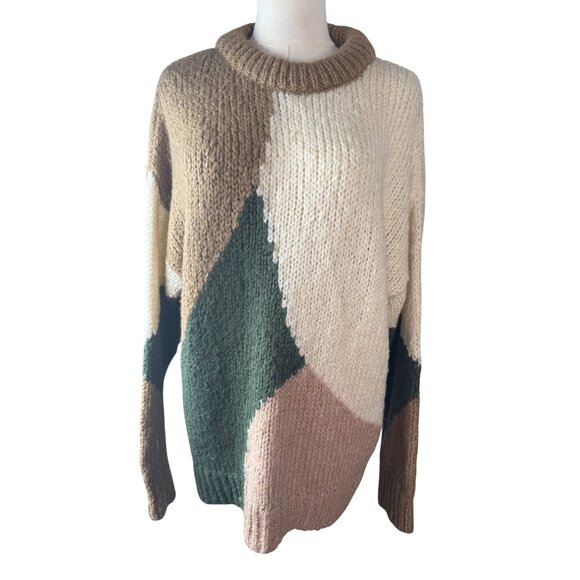 Zara Large Color Block Oversized Sweater L Wool & Acrylic Blend Earth Tones - Picture 1 of 14